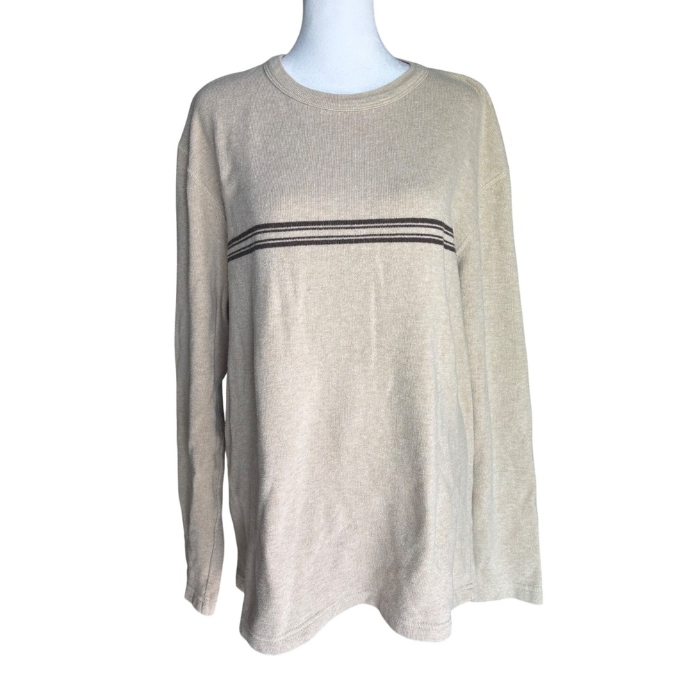 Vintage Y2K 90s Old Navy Beige Long Sleeve Striped Knit Sweater Tan Crew Neck M